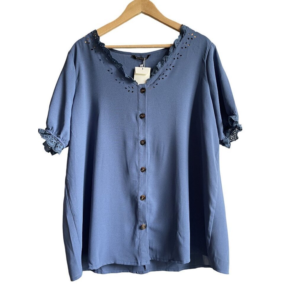 New! Bloomchic Periwinkle Blue Size 14 Button Up Shirt Short Sleeve Lace Trim V-